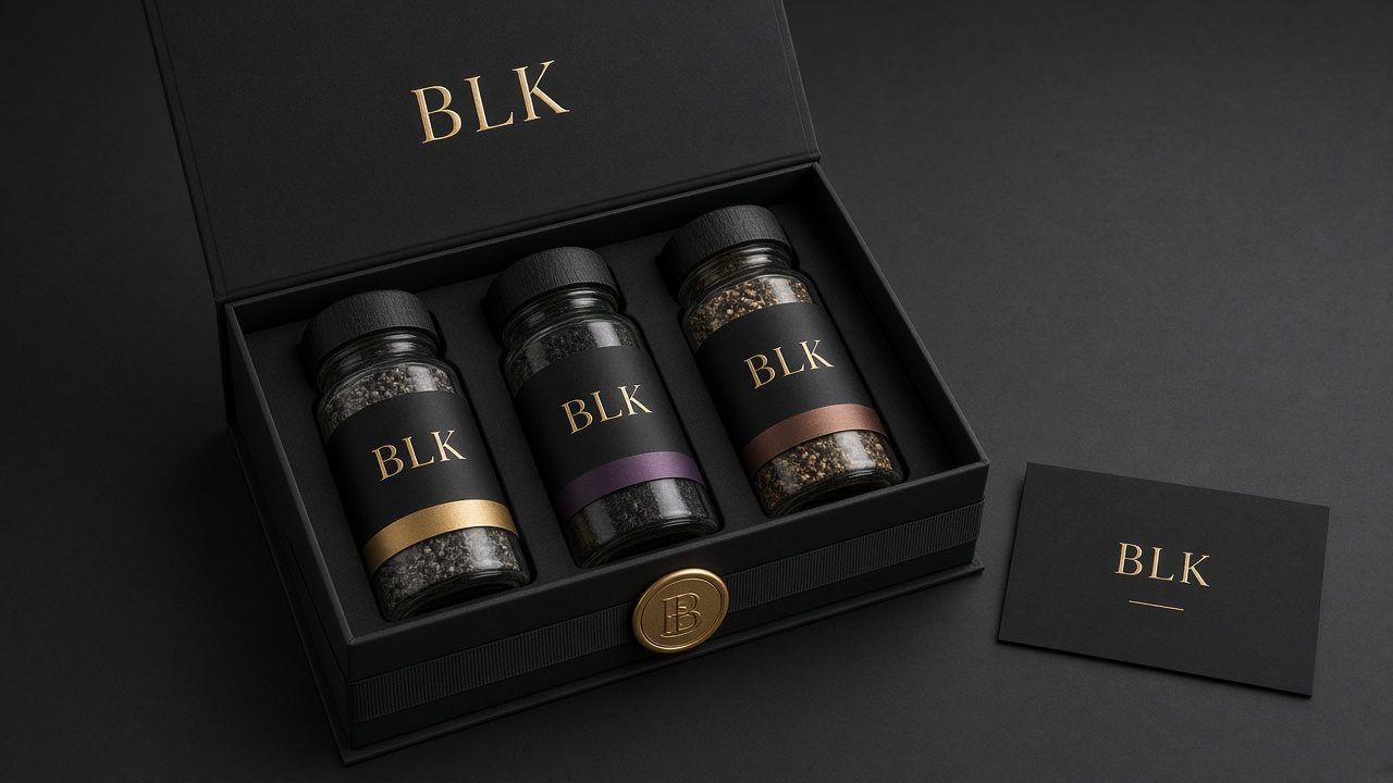 Open matte black BLK gift box holding three jars, with a gold seal and a recipe card