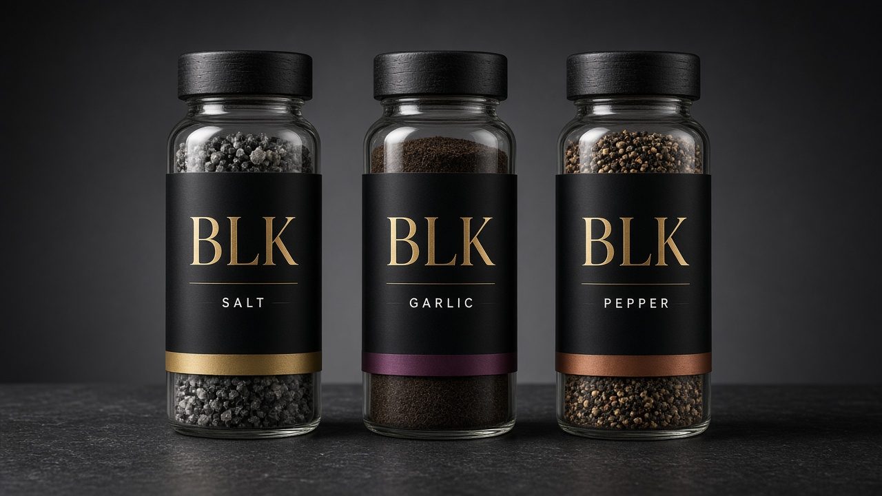 Three clear glass BLK jars with black wood caps and black labels: Salt, Garlic, and Pepper
